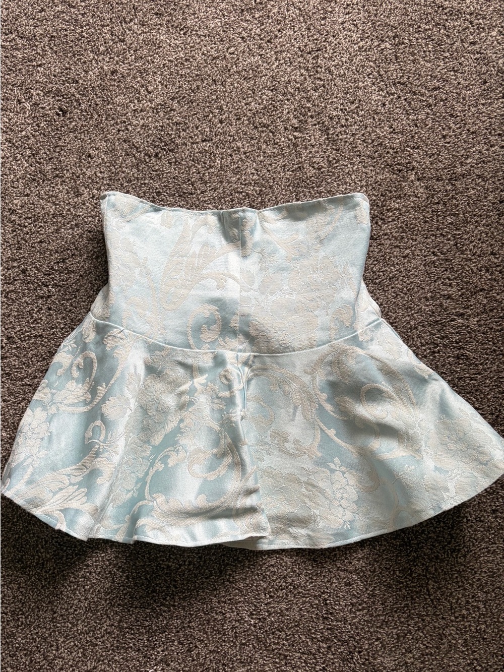 Strapless Corset Back Light Blue Floral Brocade Peplum Top